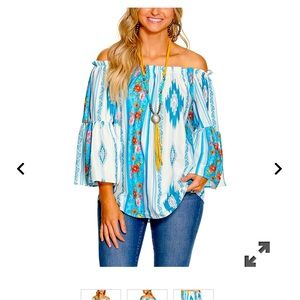 Cavanders floral aztec print turquoise bell bottom sleeve top